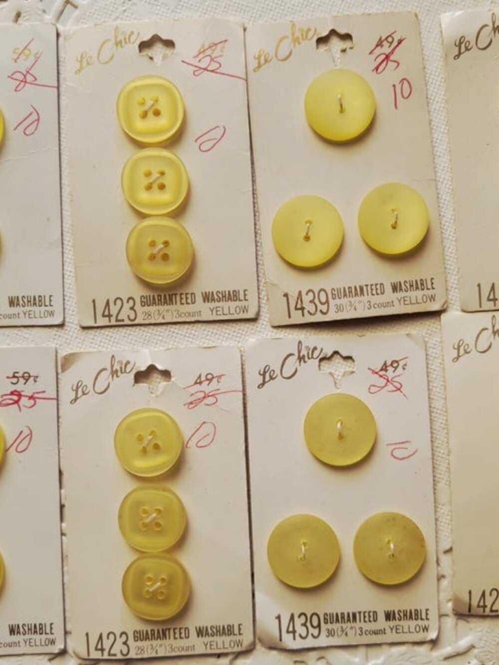 8 Vintage Yellow Plastic/Lucite Buttons on Cards. Shades of Yellow Pearlized